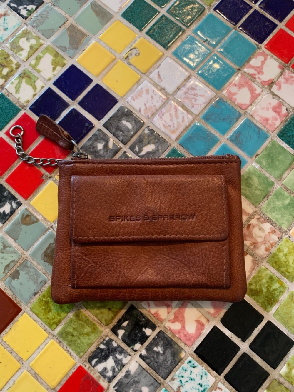 Spikes & Sparrow Brown Leather Card Pouch with Chain Pull